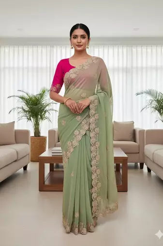 Mint color sequnce with Multi Thread work with cut work border  chiffon Saree
