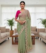 Mint color sequnce with Multi Thread work with cut work border  chiffon Saree