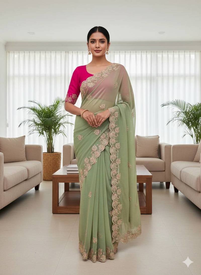 Mint color sequnce with Multi Thread work with cut work border  chiffon Saree