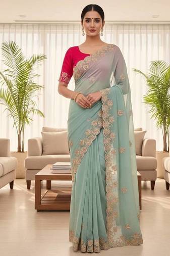 Sky Blue color sequnce with Multi Thread work with cut work border  chiffon Saree