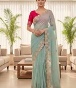 Sky Blue color sequnce with Multi Thread work with cut work border  chiffon Saree