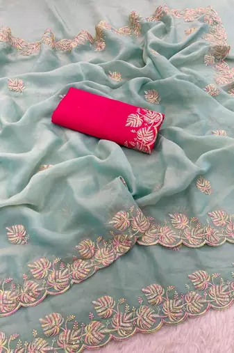 Sky Blue color sequnce with Multi Thread work with cut work border  chiffon Saree