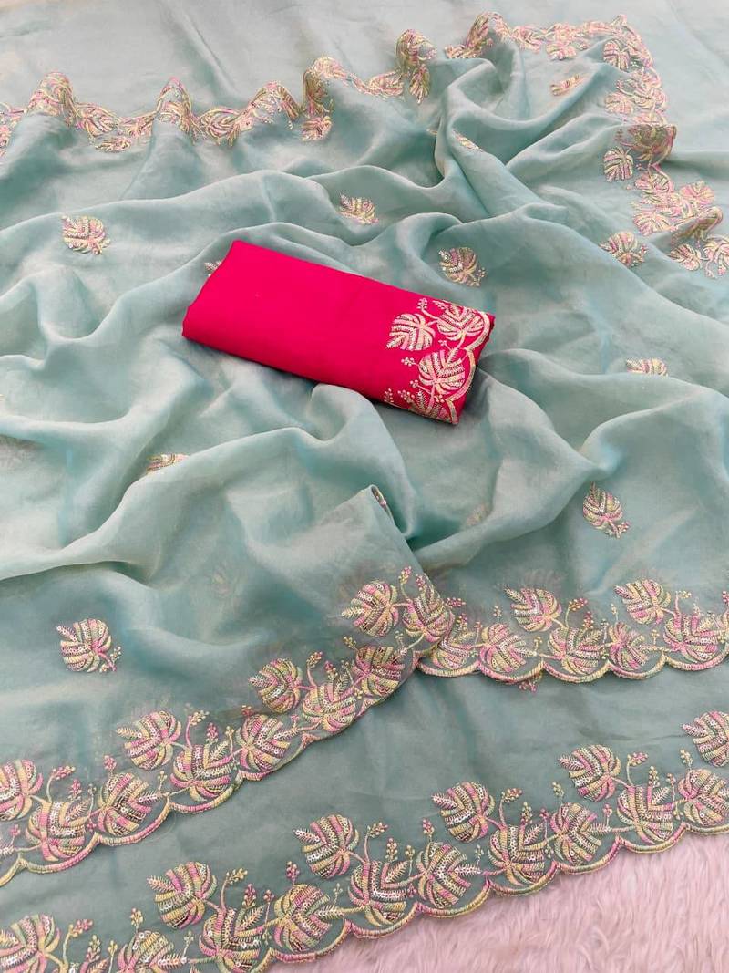 Sky Blue color sequnce with Multi Thread work with cut work border  chiffon Saree