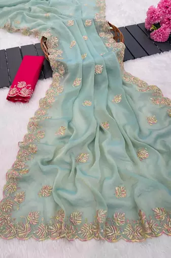 Sky Blue color sequnce with Multi Thread work with cut work border  chiffon Saree
