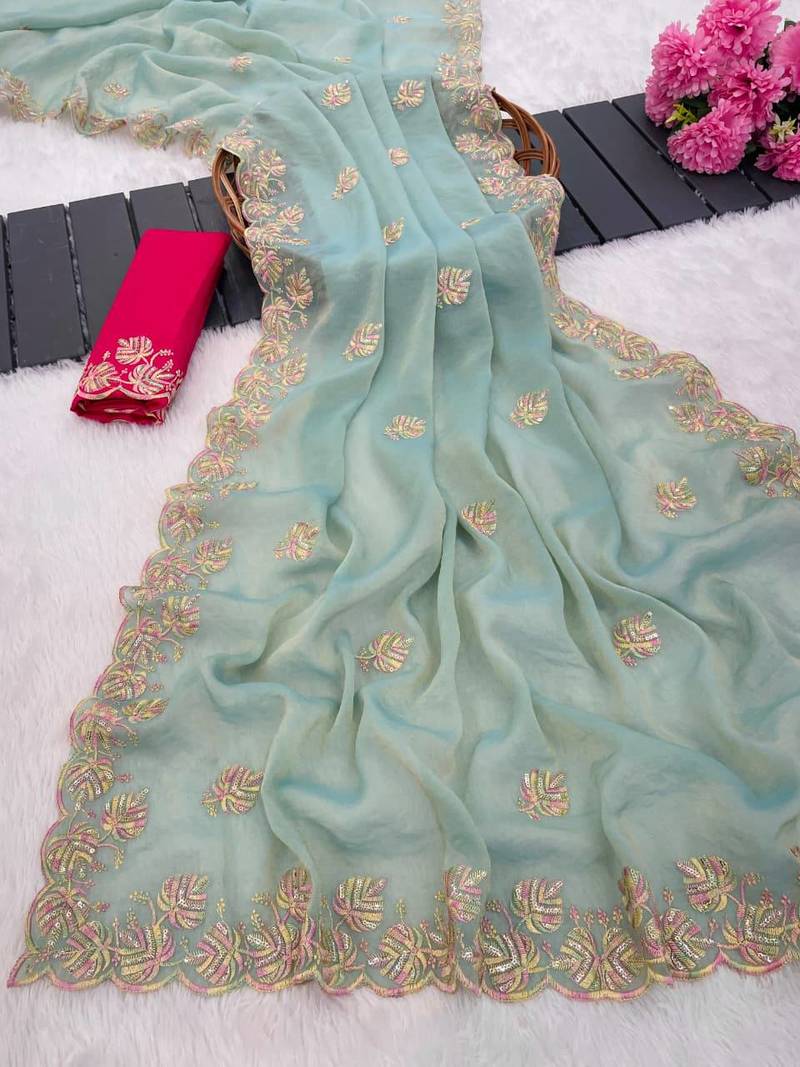 Sky Blue color sequnce with Multi Thread work with cut work border  chiffon Saree