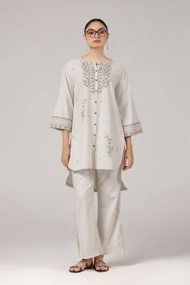 Ivory embroidered high-low kurta pant coord set 1