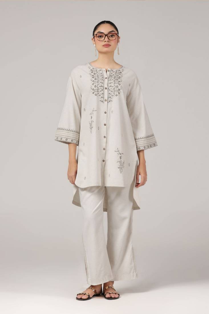 Ivory embroidered high-low kurta pant coord set
