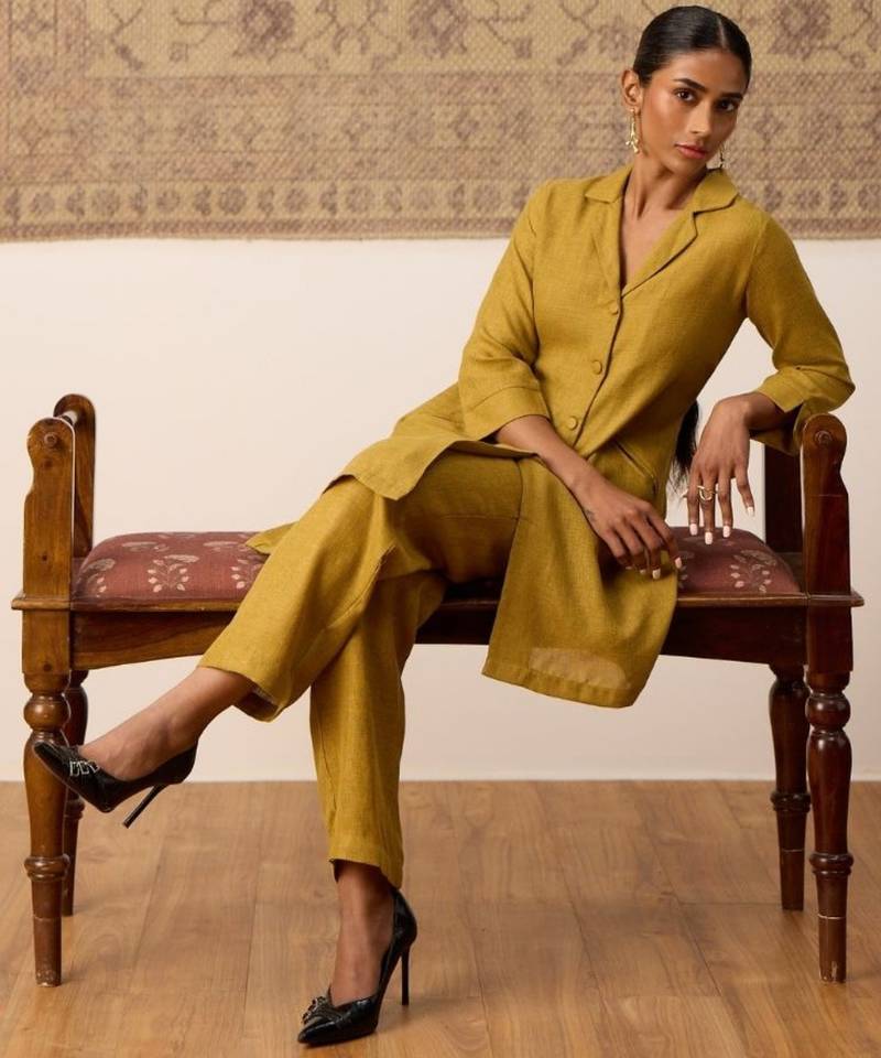 Mustard linen blend button-down coord set