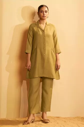 Mustard linen blend button-down coord set