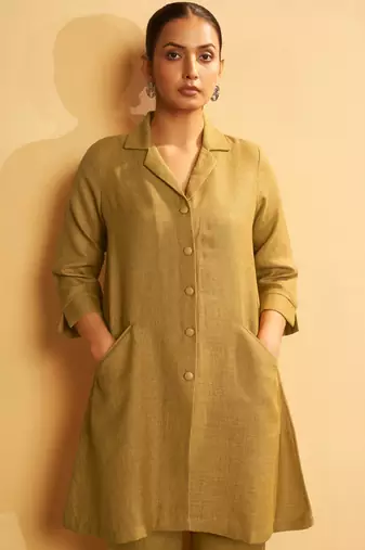 Mustard linen blend button-down coord set
