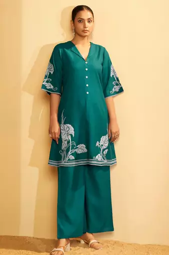 Emerald bloom embroidered cotton coord set
