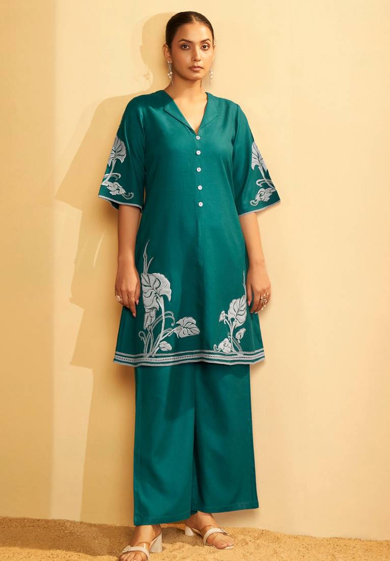 Emerald bloom embroidered cotton coord set