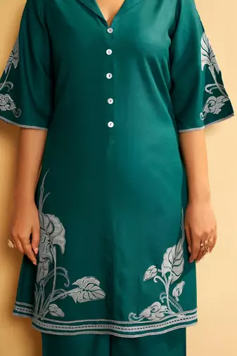 Emerald bloom embroidered cotton coord set
