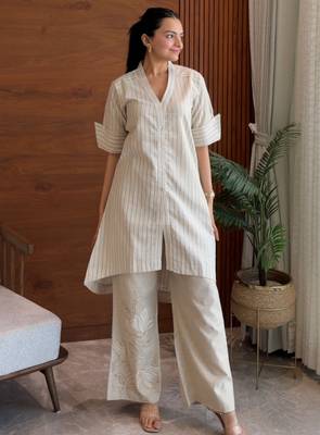 Striped beige embroidered coord set 1