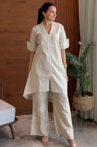 Striped beige embroidered coord set