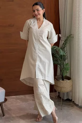 Striped beige embroidered coord set