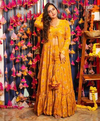 Yellow Printed Airtex Chinon Crop Top Lehenga with Shrug 1