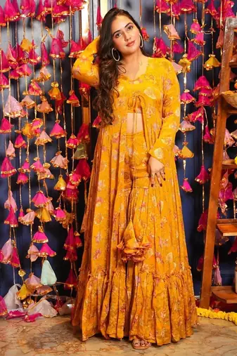 Yellow Printed Airtex Chinon Crop Top Lehenga with Shrug