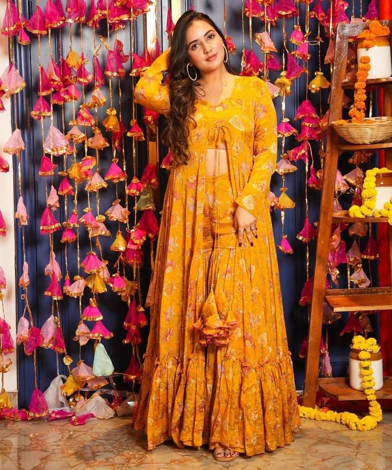 Yellow Printed Airtex Chinon Crop Top Lehenga with Shrug