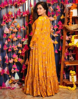 Yellow Printed Airtex Chinon Crop Top Lehenga with Shrug 3