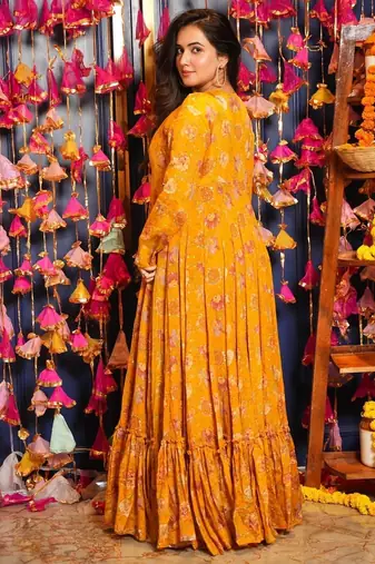 Yellow Printed Airtex Chinon Crop Top Lehenga with Shrug