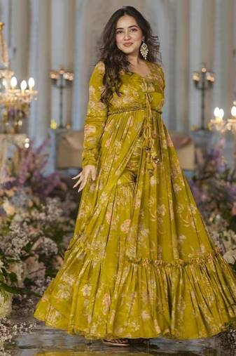 Smith Green Printed Airtex Chinon Crop Top Lehenga with Shrug