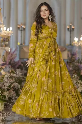 Smith Green Printed Airtex Chinon Crop Top Lehenga with Shrug