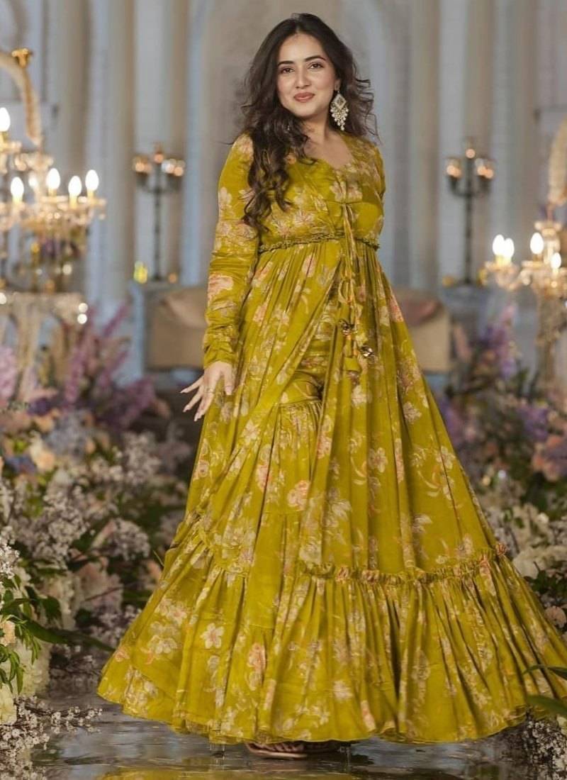 Smith Green Printed Airtex Chinon Crop Top Lehenga with Shrug