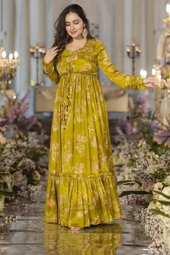 Smith Green Printed Airtex Chinon Crop Top Lehenga with Shrug