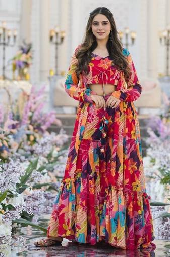 Multicolor Printed Airtex Chinon Crop Top Lehenga with Shrug