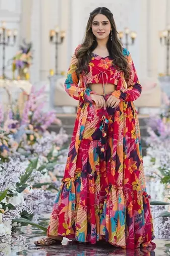 Multicolor Printed Airtex Chinon Crop Top Lehenga with Shrug