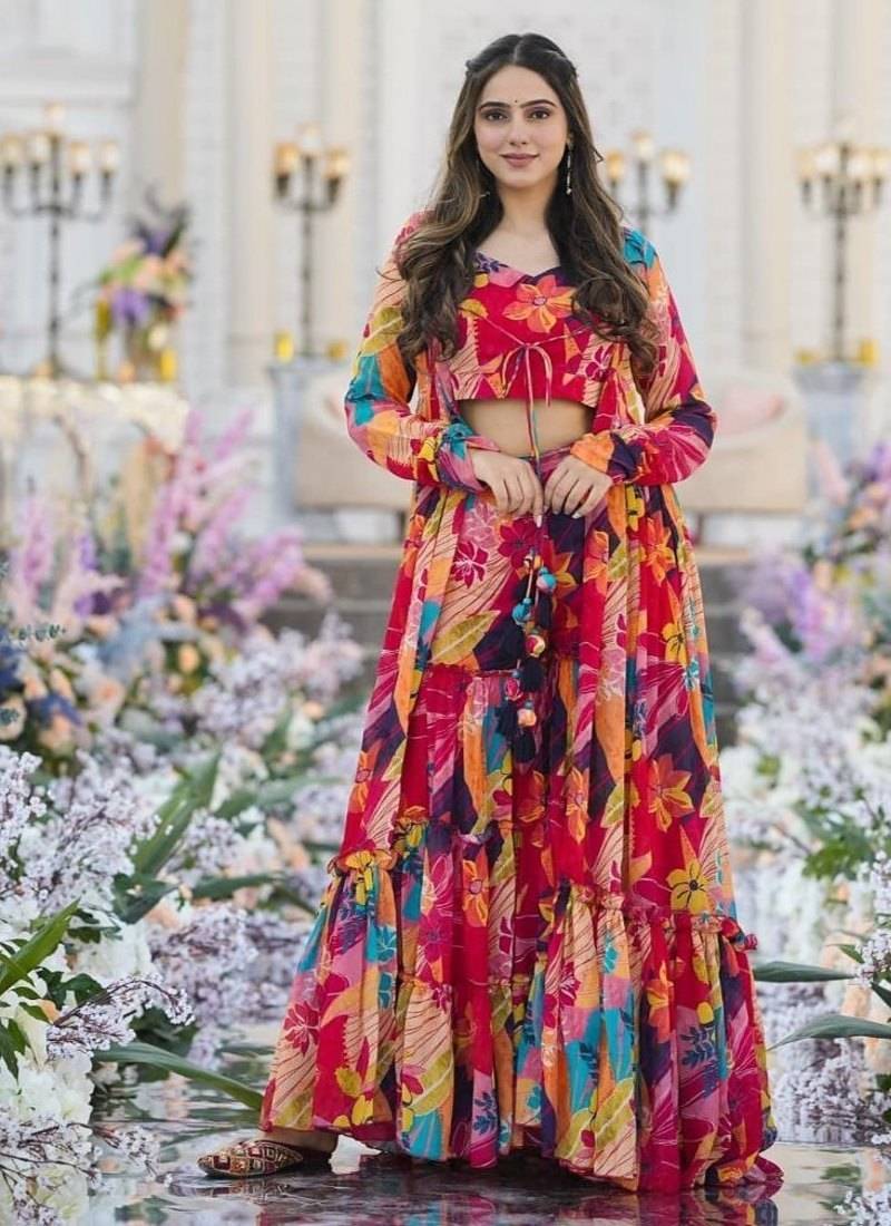 Multicolor Printed Airtex Chinon Crop Top Lehenga with Shrug