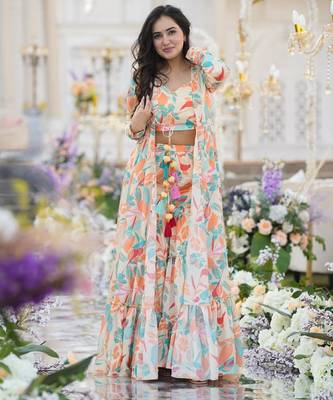 Multicolor Printed Airtex Chinon Crop Top Lehenga with Shrug 1