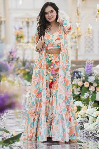 Multicolor Printed Airtex Chinon Crop Top Lehenga with Shrug