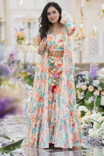 Multicolor Printed Airtex Chinon Crop Top Lehenga with Shrug