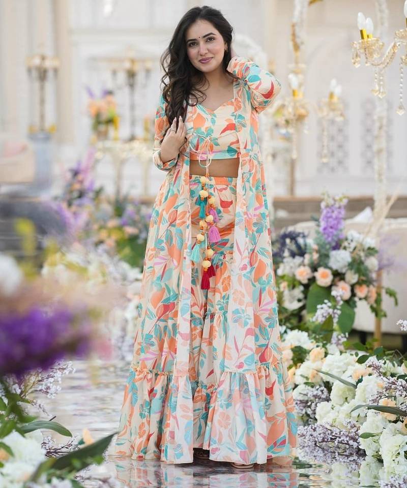 Multicolor Printed Airtex Chinon Crop Top Lehenga with Shrug