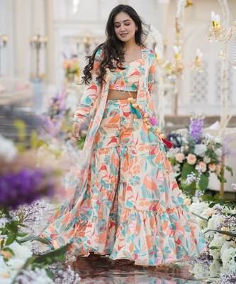 Multicolor Printed Airtex Chinon Crop Top Lehenga with Shrug 2