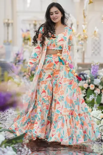 Multicolor Printed Airtex Chinon Crop Top Lehenga with Shrug