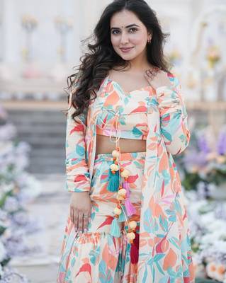 Multicolor Printed Airtex Chinon Crop Top Lehenga with Shrug 3
