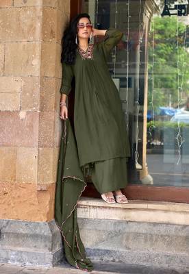 Women Ethnic Motifs Embroidered Regular Thread Work Chanderi Cotton Kurta with Palazzos & With Dupatta 1