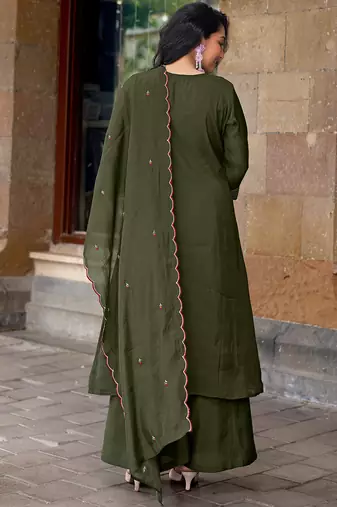 Women Ethnic Motifs Embroidered Regular Thread Work Chanderi Cotton Kurta with Palazzos & With Dupatta