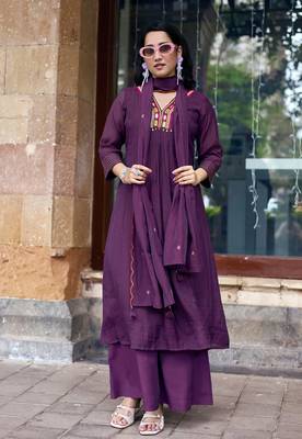 Women Ethnic Motifs Embroidered Regular Thread Work Chanderi Cotton Kurta with Palazzos & With Dupatta 1