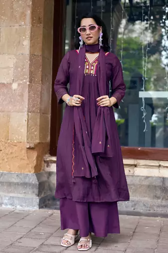 Women Ethnic Motifs Embroidered Regular Thread Work Chanderi Cotton Kurta with Palazzos & With Dupatta