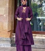 Women Ethnic Motifs Embroidered Regular Thread Work Chanderi Cotton Kurta with Palazzos & With Dupatta