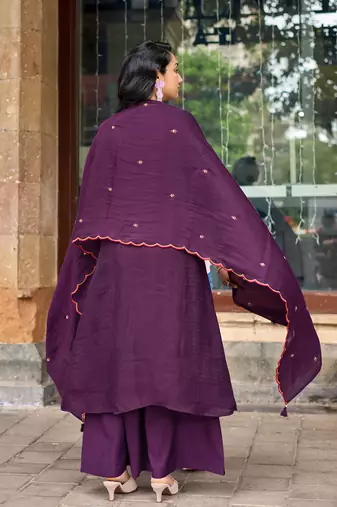 Women Ethnic Motifs Embroidered Regular Thread Work Chanderi Cotton Kurta with Palazzos & With Dupatta