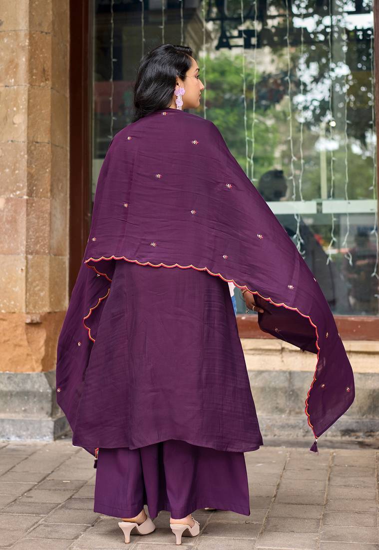 Women Ethnic Motifs Embroidered Regular Thread Work Chanderi Cotton Kurta with Palazzos & With Dupatta