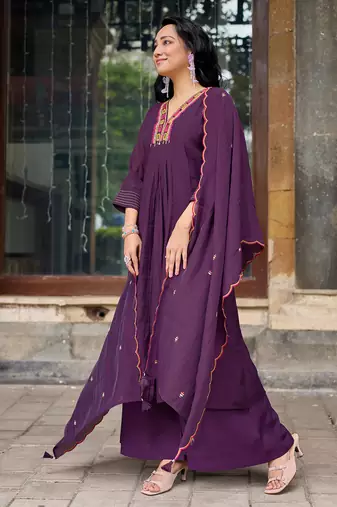 Women Ethnic Motifs Embroidered Regular Thread Work Chanderi Cotton Kurta with Palazzos & With Dupatta