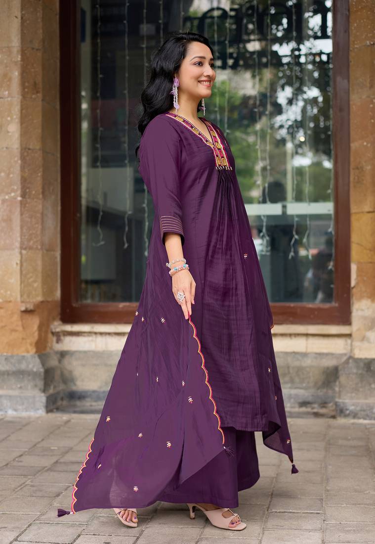 Women Ethnic Motifs Embroidered Regular Thread Work Chanderi Cotton Kurta with Palazzos & With Dupatta