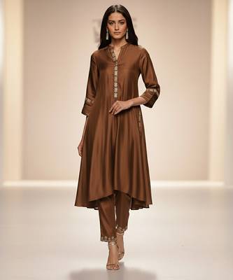 Brown embroidered chanderi anarkali kurta set 1