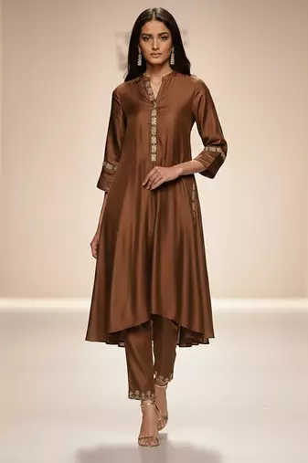 Brown embroidered chanderi anarkali kurta set